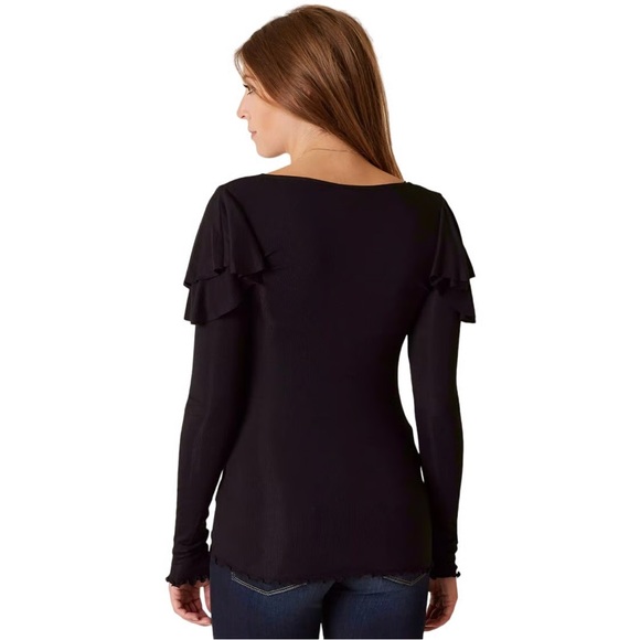 We The Free On Rewind Jersey Knit Top Black Large Tiered Ruffle Sleeve - Picture 2 of 7